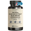 VINATURA Organic Sea Moss, Blue Vervain - dengan Black Seed Oil, Ashwagandha, Ginger, Burdock Root Capsules - 1250mg per Serving, * USA Made & Tested * Immune Booster for Dewasa
