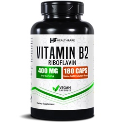 Healtfare Vitamin B2 Riboflavin 400mg = 124; 180 Veg Capsules; Suplemen 124; Gluten- Bebas 124; Non-GMO