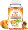 Omega 3 Gummies, Omega 3 Oil Suplemen Alternatif dengan EPA & DHA, CoQ10, Folate, Vitamin A, D3, E, Supports Brain, Gabungan, Heart, Eye, and Imune System Fuction- Orange Flavor, 60 Gummies