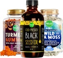 Magu Superfood Minyak Benih Hitam, 4 in-1 Katup Laut Moss dan Curcumin Turmeric Merah Gummies Bundle