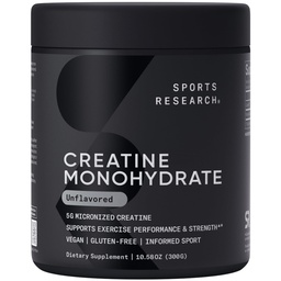 Sports Research Creatine Monohydrate - Gain Lean Muscle, Impprove Performance and Power and Dukung Pemulihan Kerja - 5 g Micronized Creatine - 10.58 oz