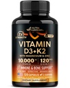 Vitamin D3 K2 - Vitamin D3 10000 iu & K2 sebagai MK-7 120 mcg - Imune & Mood Dukungan, untuk Bone & Teeth Health - dengan Magnesium, Zinc & Vitamin C & B12 - Sangat Bioavailable - Dibuat di AS, 120 Capsules