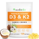 Vitamin D3 K2 Sufflement, 10.000 IU VIT D3 + 200 MCG K2 (MK-7) 14; 2 -1 Replenish Formula dengan Coconut Oil, Pendukung Absorpsi Calcium, Mudah untuk menelan 120 Capsules.