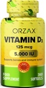 ORZAX Vitamin D3 5000 iu (125 mcg) - Non- GMO, Gluten Free, Sugar Free, Dairy Free - 1 Year Suppply for Strong Muscle Fungsi & Imune Supplemen - Mood Suplemen untuk Wellness (360 Softgel)