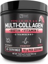 Premium Multi Collagen Peptides Protein Powder (1, 2, 3, 5, 10) dengan Vitamin C, Biotin, Acid Hyaluronic, untuk Rambut Skin dan Nails - Marinir, Bovine, Chicken & Eggshell (Strawberry, 45 Pelayan)