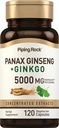 Piping Rock Panax Ginseng & Ginkgo Biloba Suplemen 124; 5000 mg 124; 120 Capsules 124; dengan Black Pepper Extract 124; Vegetarian, Non-GMO, dan Gluten Free Suplemen