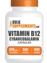 BulkSuplements.com Vitamin B12 Kapsul - seperti Cyanocobalamin, Vitamin B Suplemen, Vitamin B12 200 mcg - Vitamin Energi, Gluten Bebas, 1 Capsule per Serving, 500 Capsules (Paket 1)