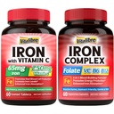 Tambahan Besi untuk Perempuan & Pria, dengan Vitamin C, B6, B12 & Folate + Iron Suplemen, 65mg Carbonyl Besi dengan 250mg Vitamin C