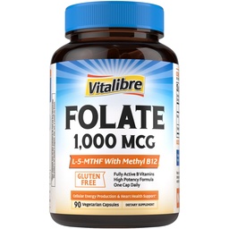 Vitalibre Methyl Folate 1000 mcg, L-5-MTHF with Methylcobalamin B12, Heart & Blood Health, Healthy Nervous System, Energy Support, Vegan, Bioactive Form, Best Absorption, 90 Capsules