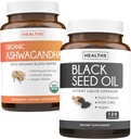 Bundle of Black Seed Oil & Organic Ashwagandha - Renee & Recharge Bundle - Black Seed Oil - 120 Soft- gel Capsules (Non-GMO & Vegetarian) dan Organik Ashwagandha Root Powder 1350mg melayani (120 Tablet)
