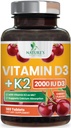 Vitamin D3 K2 2000 IU Plus dengan K2 (MK-7) 75 mcg - Vitamin Penyelesaian D & K Kompleks untuk Bone, Teeth, Muscle, Calcium Absorpsi, Pendukung Kesehatan Imune & Heart, Non-GMO dapat diolah Formula - 180 tablet