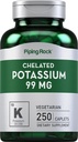 Piping Rock Chitated Potasium Suplemen 99mg 124; 250 Caplet 124; Potasium Gluconate 124; Vegetarian, Non- GMO, Gluten Bebas