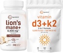 Mikro Ingrediens Vitamin D3 5000iu + K2 100mcg Softgels & Lions Mane Tambahan 240 Veggie Capsules Bundle 2 Paket 124; Estile Sunshine Vitamin 124; Mushroom Antioksidants Superfood dengan L- Ergothioneine