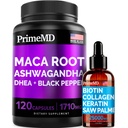 4 in 1 Liquid Biotin Collagen Keratin Saw Palmetto Drops (2 fl oz - 1 Pack) & 6-1 Maca Root Ashwagandha w Black Pepper Fruit (120ct) - Rambut, Skin, Nails, Energi & Mood Dukungan Supplemen