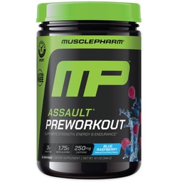 MusclePharm Assault Pre Workout Powder for Men & Women - Energy & Power Boost Pre- Workout Suplemen dengan Beta Alanine, Caffeine, Creatine & Betaine Anhidlous - 30 Pelayan, Blue Raspberry Flavor