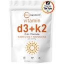 Mikro Ingrediens Vitamin D3 5.000 IU + K2 MK-7 100 mcg, 300 Softgels 124; 2-in- 1 Vitamin D & K Kompleks 124; Ekstra, Mudah untuk menelan, Non-GMO, Gluten Bebas