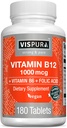 VSPURA Vitamin B12 1000 mcg Methylcobalamin + B6 / Folic Acid, 180 Vegan Tablet, Suplemen Terbaik untuk Meningkatkan Energi, Enhance Mood, Mempertajam Fokus *, Persediaan Organik
