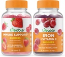 Dukungan Imuniune + Besi dengan Vitamin C, Gummies Bundle - Great Tasting, Vitamin Suplemen, Gluten Free, GMO Free, Chewable
