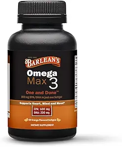 Tambahan Minyak Ikan 3 Omega Barlean, 1000 mg Softgel, EPA dan DHA Acid Pills Gendut untuk Pria dan Wanita, Orange Flavor, 60 Count