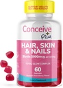 CONCEIVE PLUS PLUS Skin & Nails Gummies - Extra-Power Biotin, VIT A, C, D3, E Vitamin - Vegan, Pertumbuhan Rambut Supplemen - Glatin- Free - 60 Count