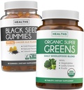 Gumi Minyak Benih Hitam & Super Hijau (1 - Bulan) - sehari Green Boost - Gummies Minyak Benih Hitam Ginger Ale Flavor Cold- Menekan Nigella Sativa & Organik Super Greens Makanan Super Lengkap