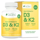 Murni Holistik Vitamin D3 125mcg dan Vitamin K2 90mcg MK7-4 Pasokan Bulan 150 Vegetarian Capsules - Vitamin D3 & K2 Menaqunione - Kekuatan Tinggi Cholecalferol Dibuat di Amerika Serikat