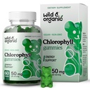Wild & Organic Chlorofil Gummies 50mg - Detox Cleanse Suplemen w / Sodium Copper Chlorofil - Internal Deodoran w / Chlorofil Powder - Vegan, Non-GMO - 60 Herbal Chews