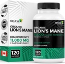 Renew Actions Premium Organic Lion Mushroom Mane 1100MG per 2 Kapsul - Mendukung Fungsi Otak, Memori, Fokus, Relief Stress & Immune Kesehatan, Non-GMO, Vegan - dibuat di Kanada - 120 Capsules