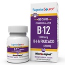 Sumber Superior No Source Shot Vitamin B-12 Cyanocobalamin 1000 mcg, B-6, Folic Acid 400 mcg - Dukung Otak & Heart Health - Ads Natural Energy Levels - 100 Sublingual Dissoling Tablets