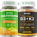 NEVISS 50 + Daily Gummy Multivitamin Algae Omega 3 & Calcium, CoQ10, Magnesium + Vitamin D3 5000IU Gummies 125mcg dengan Calcium 600mg, K2 (MK7) 200mcg
