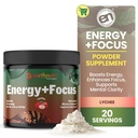 WhellNutri Energy + Focus Powder Suplement - Energy Boost & Helling with PeakO2, AlphaSize, Cognizin, PurCaf, Theawine, Acetyl L- Carnitine L-Tyrosine - Lychee Flavor - 20 Pelayan (171g)