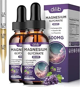 (2 Paket) Magnesium Glycinate Liquid Drops 500mg, dengan Vitamin B6, Ashwagandha, L - Theanine, Chamomile, Magnesium Glycinate Tinggi Absorpsi untuk Sleep, Stress, Energy Mood - Grape Flavor