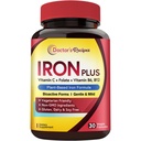 Dokter 's Recepes Iron Suplement for Women - Gentle Iron Bisglycinate with Vitamin C, B6, Folate & B12 - Non-Constipating & Homach Friendly Pill for Blood & Energy Dups, 30 Vegan Caps