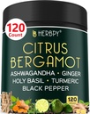 6in1 Citrus Bergamot Tambahan dengan Ashwagandha, Holy Basil, Turmeric & Ginger Root - Penuaan Sehat, Imune & Relaxation - 120 Vegan Capsules