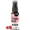 Kompleks Vegan Vitamin Triple B12 Liquid Spra- 1500 mcg Blend (60 Servings) Raspberry Flavor- Enhanced Absorpsi, Energi, Mood, Sistem Gugup, Fungsi Kognitive untuk Anak & Dewasa