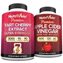 Nutrivein Premium Tart Cherry 500mg & Apple Cider Vinegar 1600mg Bundle - Muscle Recovery & Uric Acid Cleanse Plus Intervention Duffer & Weight Management - Non-GMO, Vegan / Vegetarian - 90 + 120 Pills