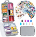 14 Grids Travel Pill Organizer Box dengan 415- Pcs Medics Name Label - Pocket Daily Farmacy Case Container - Travel Medication Discenser Kit untuk Penyimpanan Minyak Vitamin - Grey