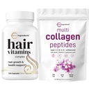 Mikro Ingrediens Multi Collagen Protein Powder 2 Pounds & Hair Vitamin Complex Bundle Pack 14; Grass-Feed Collagen Peptides 124; 14-in- 1 Advanced Hair Growth Dukungan