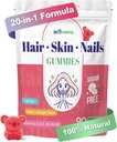 20- in 1 Hair Skin dan Nails Gummies, Hair Biotin Vitamin for Women & Men with 10000 mcg Biotin, Vitamin A, C, D, E for Hair Growth & Heally Skin, White Peach Flavor, 90 Gummies