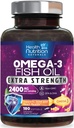 Omega 3 Fish Oil 2400 mg - Triple Power Omega3, EPA & DHA Fatty Acids Suplement - Dukungan Alam untuk Imune, Heart & Brain Health - Wild Caught, Non- GMO, Lemon Flavor, Burpless - 180 Softgeels
