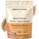 Sprout Living Epic Protein, Plant Based Protein & SuperFoods Powder, Chocolate Maca Powder 124; 20 Grams Organic Protein Powder, Vegan, Non Dairy, Non- GMO, Gluten Free, Low Sugar (1 Pound, 12 Pelayan)