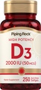 Piping Rock Vitamin D3 2000 IU 124; 250 Softgeels 124; Potency Tinggi 124; Cholecalferol Supplemen 12.4; Non- GMO, Gluten Bebas