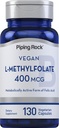 Piping Rock L MethylFlease Suplemen 126; 400 mcg 124; 130 Capsules 14; Vegetarian, Vegan 124; Non-GMO, Gluten Bebas