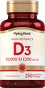 Piping Rock Vitamin D3 10.000 IU 124; 250 mcg 124; 250 Softgels 124; Potency Tinggi 124; Non-GMO & Gluten Free Suplemen