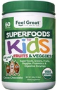 Feel Great USDA Organic Super Greens Powder for Kids - Cocao Chocolate 124; Fruit & Veggie Suplemen 124; Superfood Pouder with Progetical Enzymes for Digetical Health 124; 60 Days Suppply
