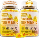 Sugar Free Turmunic Curcumin Filled Gummies 550mg for Adults, Ginger & Black Pepper 124; 95% Curcuminoid w / Prebiotic Probiotic & Postbiotic Blend, Dukung, Imune & Digetives Health, Vegan, 2Pack