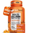 Herbtonics Multi Collagen Gummies with Biotin & Vitamin C, Hydrolyzed Collagen Peptides Types I, II, III, X for Hair, Skin, Nails, & Bone Dukungan - Tropical Flavor, 60 Gummies