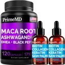 4 in 1 Liquid Biotin Collagen Keratin Saw Palmetto Drops (2 fl oz - 2 Pack) & 6-1 Maca Root Ashwagandha w Black Pepper Fruit (120ct) - Rambut, Skin, Nails, Energi & Mood Supplemen