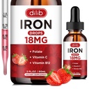 Tambahan Besi Liquid untuk Perempuan & Men Iron Drops Iron Suplemen untuk Anemia dengan Folate, Vitamin C, B12 untuk Red Blood Cell Support - Strawberry, 2 Fl Oz