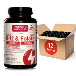 Jarrow Formula Ultra Energy Methyl B-12 5000 mcg & Methyl Founil 800 mcg + P-5-P, Tambahan untuk Cellular Energy Metabolisme dan Dukungan Kardiovaskular, 60 Chwable Tablets, Supply 60 Hari, 12 Paket
